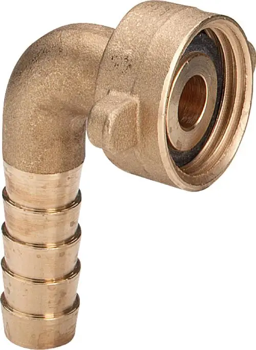 Messing-Schlauchverschraubung mit einem gebogenen Ansatz und einem Gewindeanschluss, designed für Verbindungen in Sanitär- und Heizungsanwendungen, hergestellt von Viega.