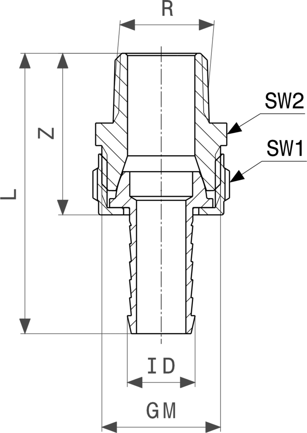 Messing Standrohrverschraubung von Viega mit klaren Abmessungen für für R 3/8, ID 3/8 und GM 1/2, dargestellt in technischer Zeichnung.