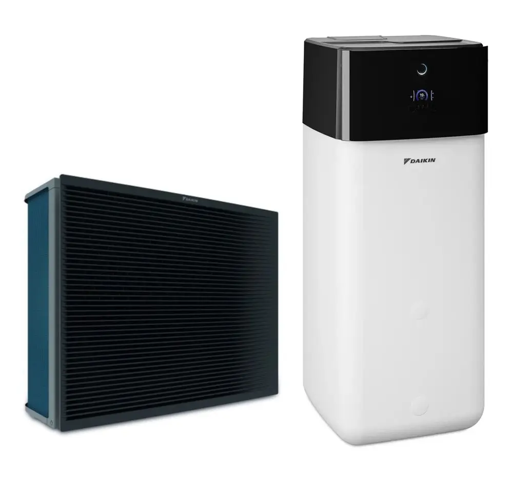 Daikin Heiz- und Kühlsystem mit einer weißen Inneneinheit und einer schwarzen Außeneinheit, beide mit einem modernen, funktionalen Design.