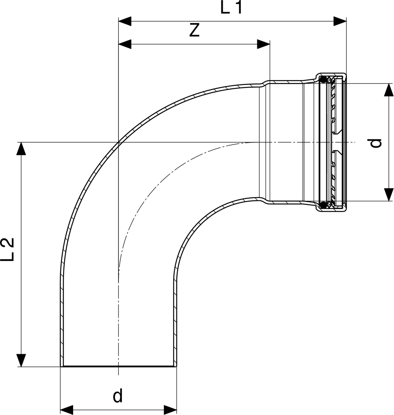 Viega Temponox XL-Bogen aus rostfreiem Stahl, mit einer Bogenform von 90 Grad und einem Durchmesser von 76,1 mm, abgebildet vor neutralem Hintergrund.