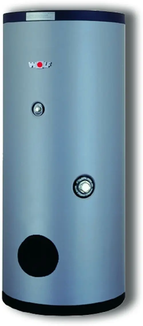 Ein runder, silberner Wassertank mit einem blauen Deckel und mehreren Anschlussöffnungen, gekennzeichnet mit dem Logo "WOLF".