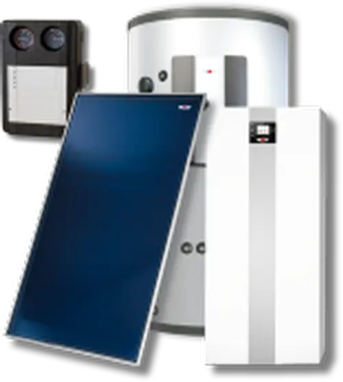 Hybridheizsystem mit Solarkollektor, Heizgerät und Steuerungseinheit für effiziente Energieversorgung.