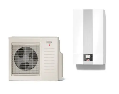 Zwei Geräte für die Heizungs- und Kühlungstechnik: Ein Außengerät mit Ventilator links und ein kompaktes Weißes Heizgerät rechts mit einem digitalen Display.