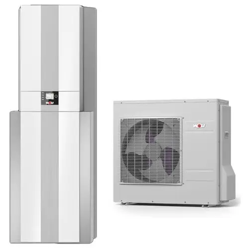 Ein modernes Waermepumpensystem, bestehend aus einer Inneneinheit mit Bedienfeld und einer Außeneinheit mit Ventilator, beide in einem eleganten Design.