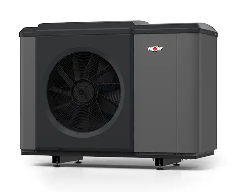 Wolff Wärmepumpe in kompaktem Design, ausgestattet mit einem großen Lüfter, ideal für die Außeninstallation zur effizienten Heiz- und Kühlanwendung.