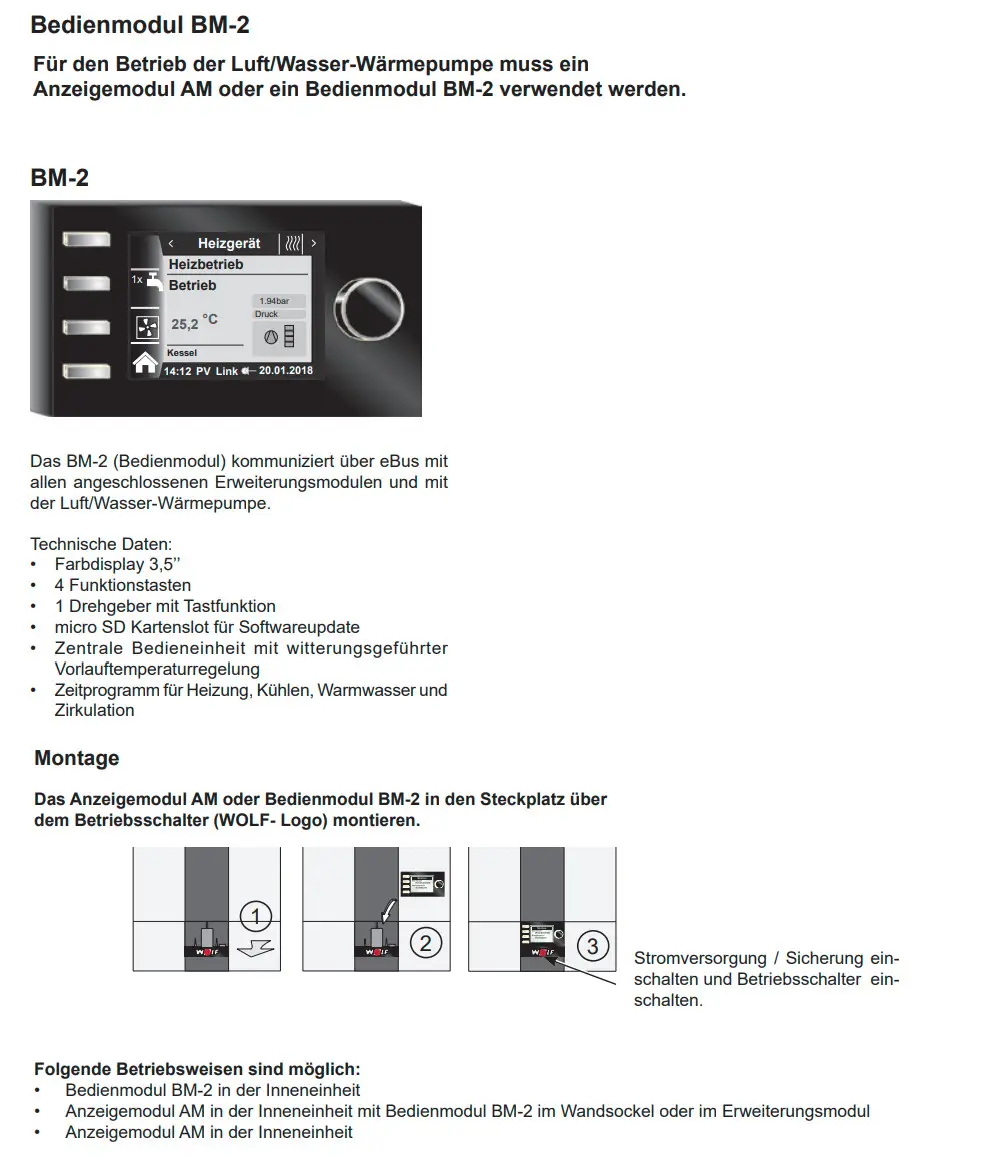 Bedienmodul BM-2 von Wolf zur Steuerung einer Luft/Wasser-Wärmepumpe, mit Anzeige- und Funktionstasten sowie Anschlussmöglichkeiten für Erweiterungsmodule.