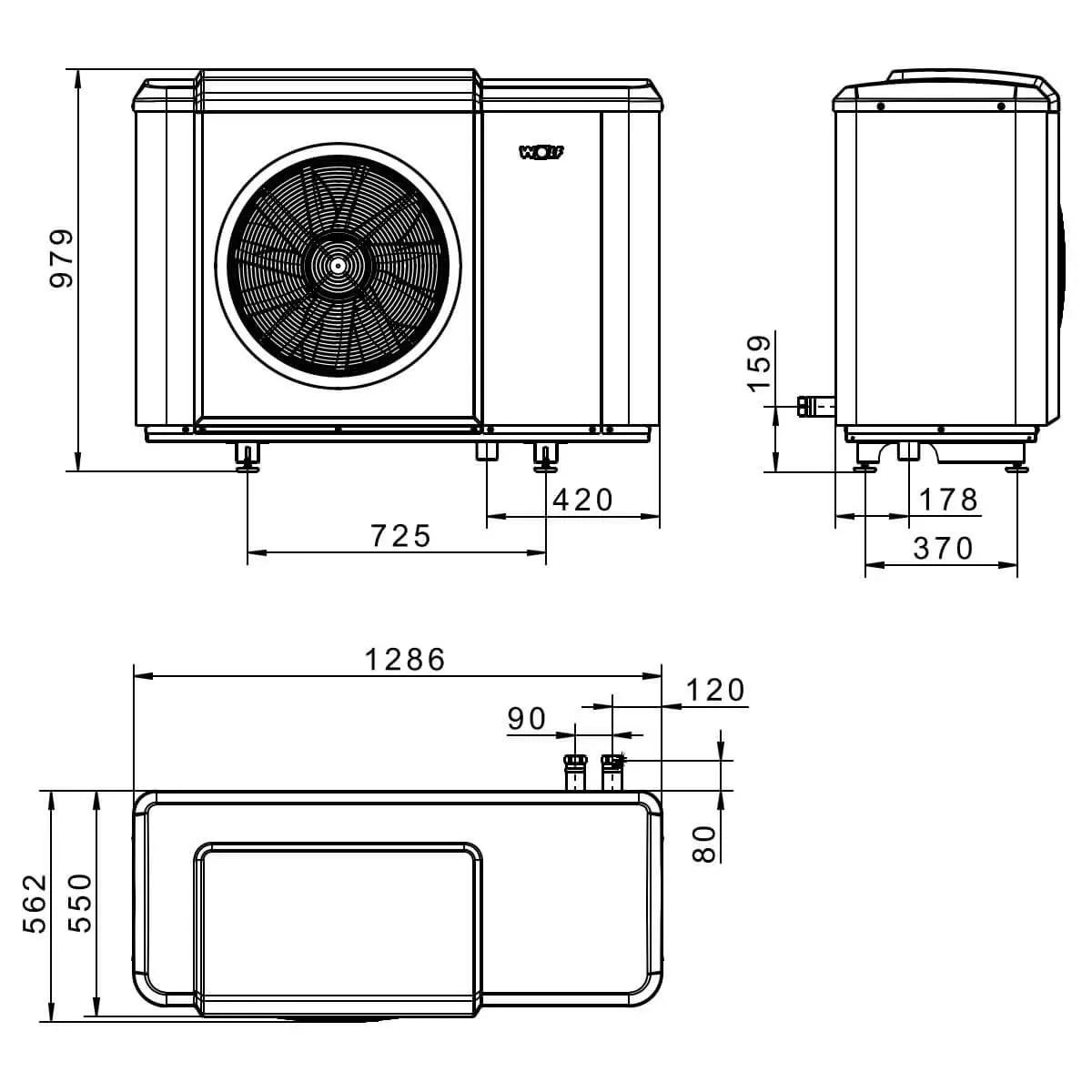 Wolf Monoblock-Gerät mit einer großen Ventilatorskala. Maße und Anschlussdetails sind im technischen Diagramm ersichtlich. Gerät in kompakter Bauform.