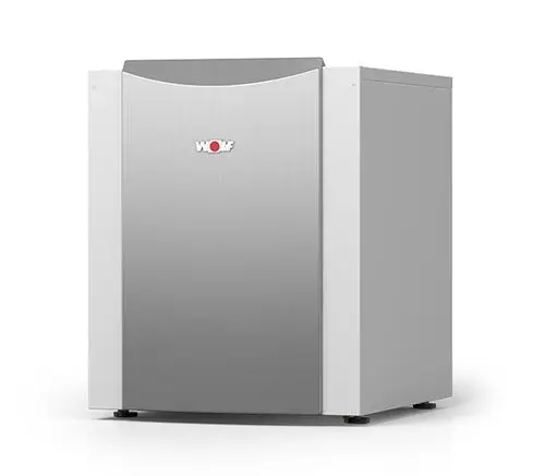 Wärmpumpe mit edler Metallfront und modernem Design, geeignet für Heiz- und Kühlanwendungen.