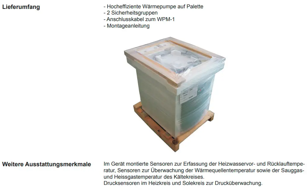 Wolf Wärmepumpe auf Palette, umhüllt von Folie. Zubehör wie Sicherheitsgruppen, Anschlusskabel und Montageanleitung. Sensoren zur Temperatur- und Drucküberwachung integriert.