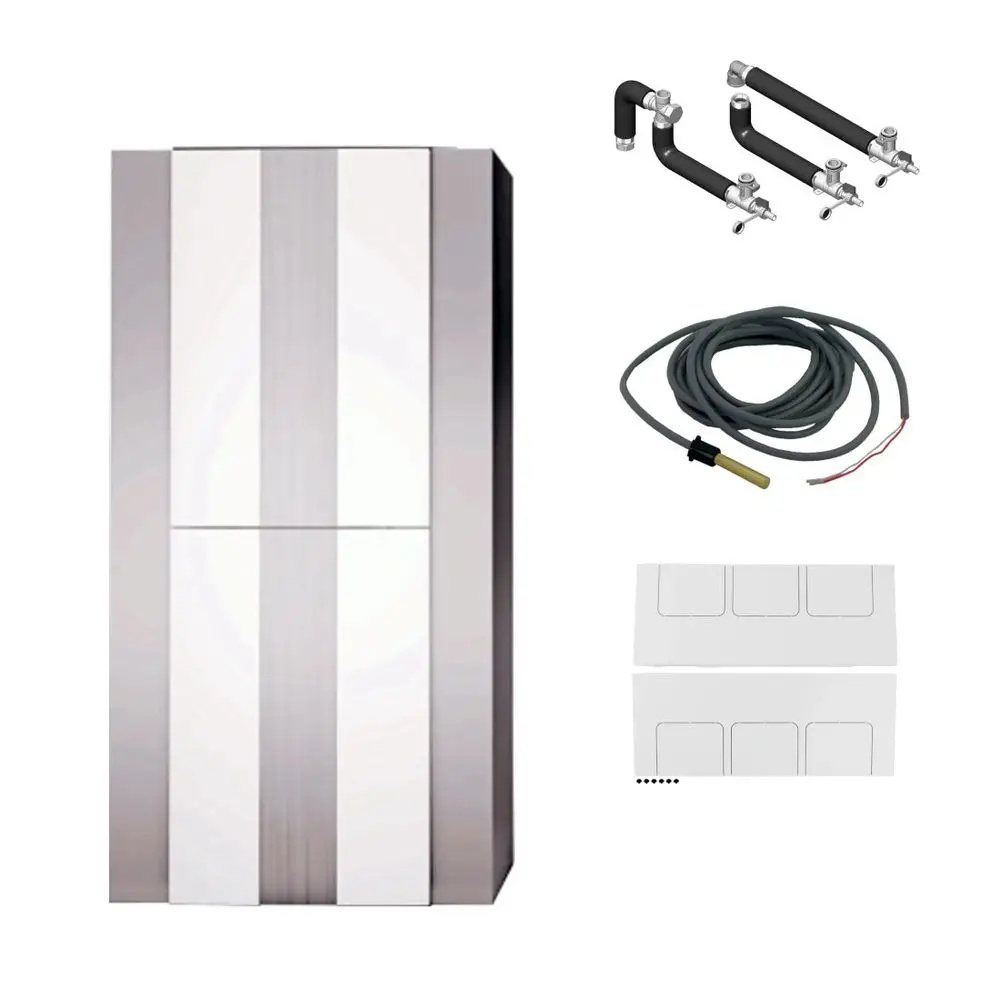 Kühlschrank mit zwei Türen, verchromten Griffen und einem klaren modernen Design. Zubehörteile wie Rohre und Kabel sind abgebildet, geeignet für Systeme von Wolf.