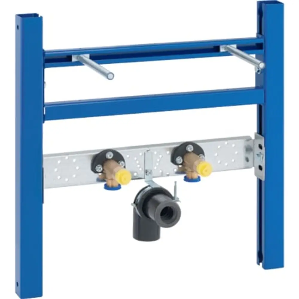 Traversenelement von Geberit für die Montage einer Standarmatur, mit Befestigungsrohren und Anschlüssen für Wasserleitungen. Kompakte Bauweise aus robustem Material.