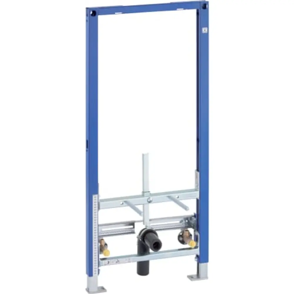 Geberit Unterbau-Element mit blauer Rahmenkonstruktion und Rohrsystem, geeignet zur Installation eines Bidets.