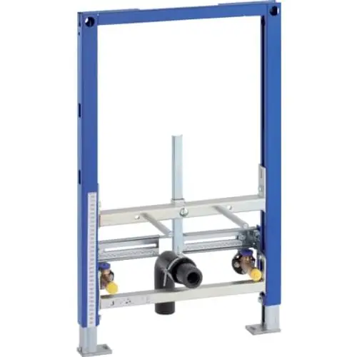 Geberit Element für die Wandmontage, bestehend aus blauen und silbernen Komponenten. Mit Anschluss für eine sanitäre Einrichtung in Badezimmern.