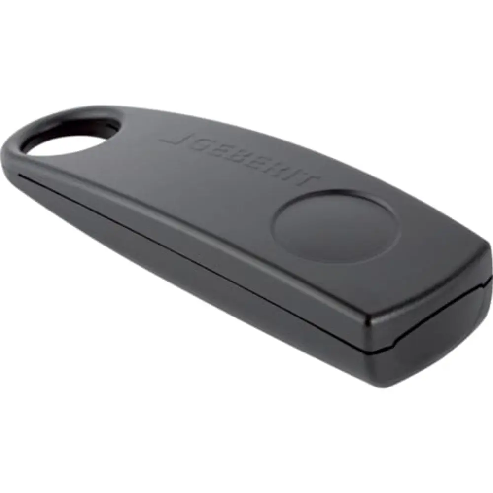 Schwarzer Reinigungsschlüssel von Geberit, oval mit einer eingearbeiteten Fläche, ideal zum Öffnen von Hygieneprodukten in Sanitäranlagen.