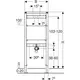 Geberit Element für Ausgussbecken mit vertikalen und horizontalen Rahmenelementen, verschiedenen Höhen und einem Anschluss für eine Wandarmatur. Diagramm mit Maßen.