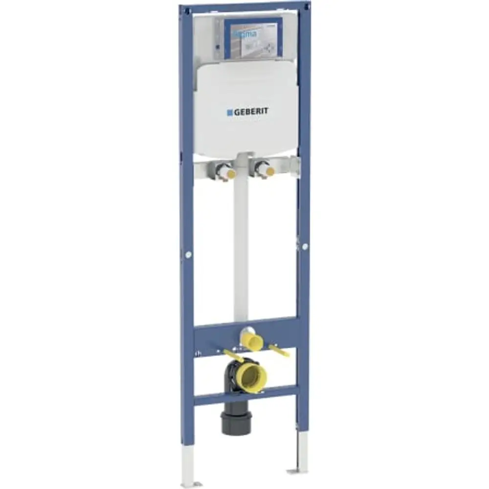 Geberit Duofix-Element für Wandmontage mit integriertem Spülkasten. Die Konstruktion weist Anschlüsse für Wasser und Abwasser auf. Optimiert für Ausgüsse.
