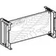 Montageplatte in schematischer Darstellung, mit seitlichen Halterungen, geeignet für die Installation von Geberit-Produkten. Holzstruktur des Trägers ist angedeutet.