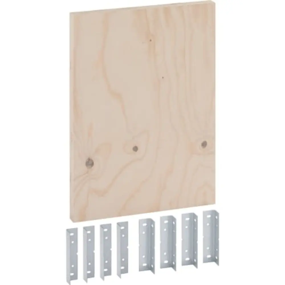 Bauplatte aus Holz mit mehreren Metallwinkeln zur Befestigung. Produkt von Geberit, ideal für Montage- und Bauprojekte.