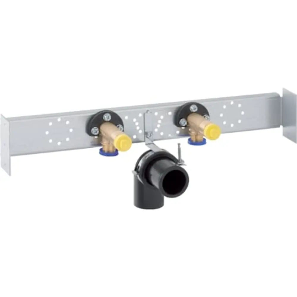 Geberit Traverse mit zwei Wasseranschlüssen und Abflussrohr für eine Standarmatur in der Küchenspüle. Montageschiene aus Metall, Kunststoffteile in Schwarz und Gelb.