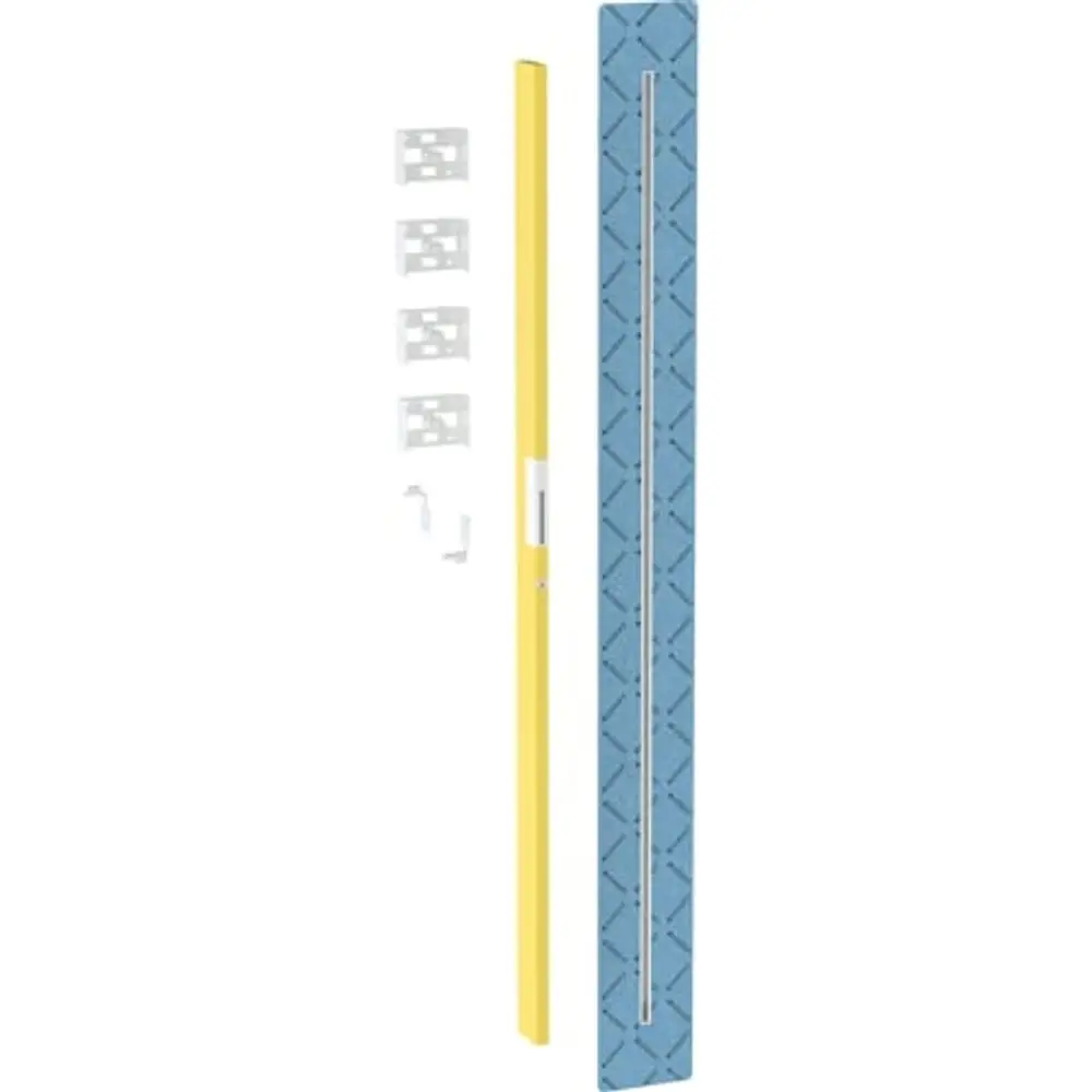 Geberit Duofix Element für eine Walk-in-Duschwand. Enthalten sind ein gelbes Profil, eine blaue Dichtmatte sowie mehrere Halterungen.