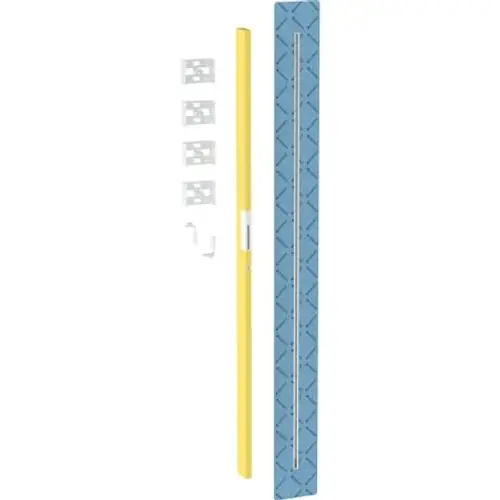 Gelbes Vorwandelement von Geberit mit blauer Abdeckung und mehreren weißen Montagehaltern in einem Katalog.