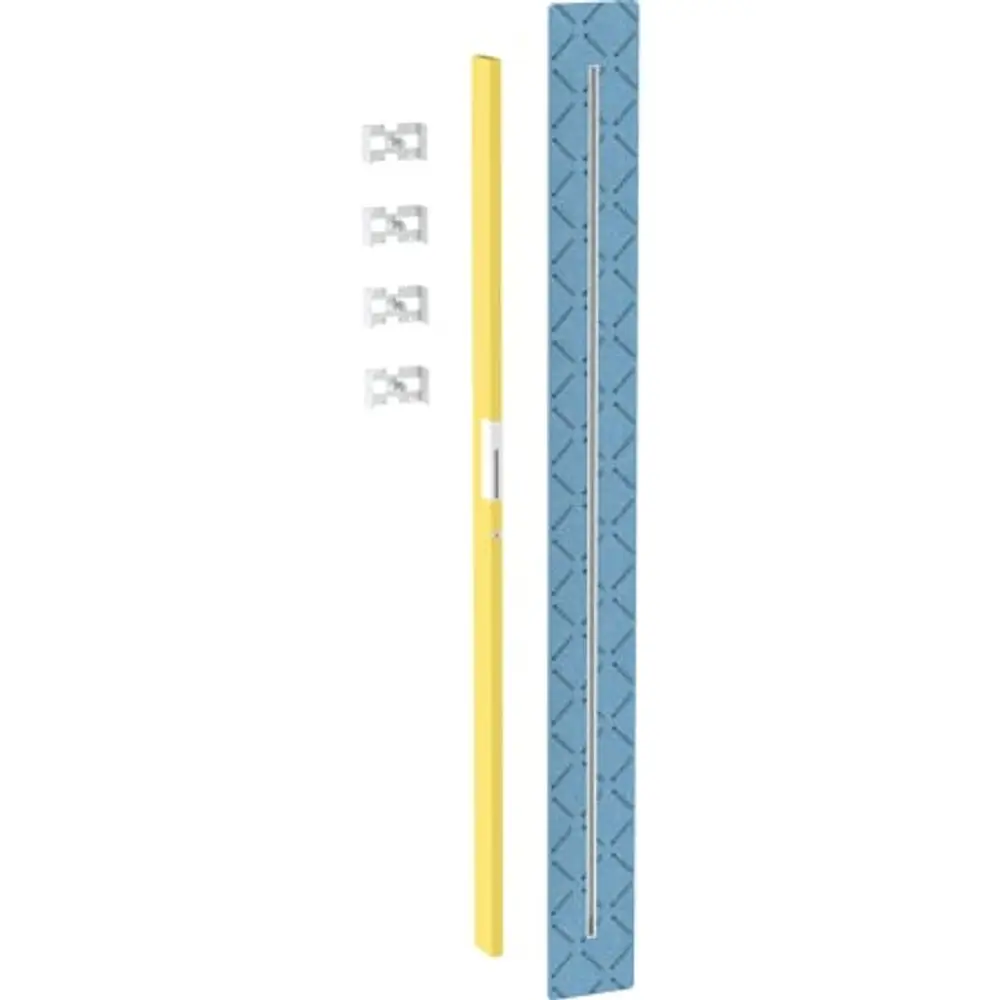 Montageelement von Geberit für eine Walk-in-Duschwand, bestehend aus einem gelben Stützprofil und einem blauen Wandpaneel, ergänzt durch mehrere Metallklammern.