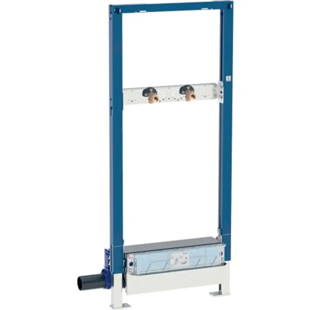 Geberit Element für Dusche mit Wandablauf und Wandarmatur. Sichtbare Rohre und Montagevorrichtung. Geeignet für Estrichhöhe 65–90 mm.