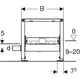 Geberit Duofix Element für Dusche, schematische Darstellung mit Maßangaben. Sichtbar sind Anschlussmöglichkeiten, Einbauhöhe und Platz für Wandablauf.