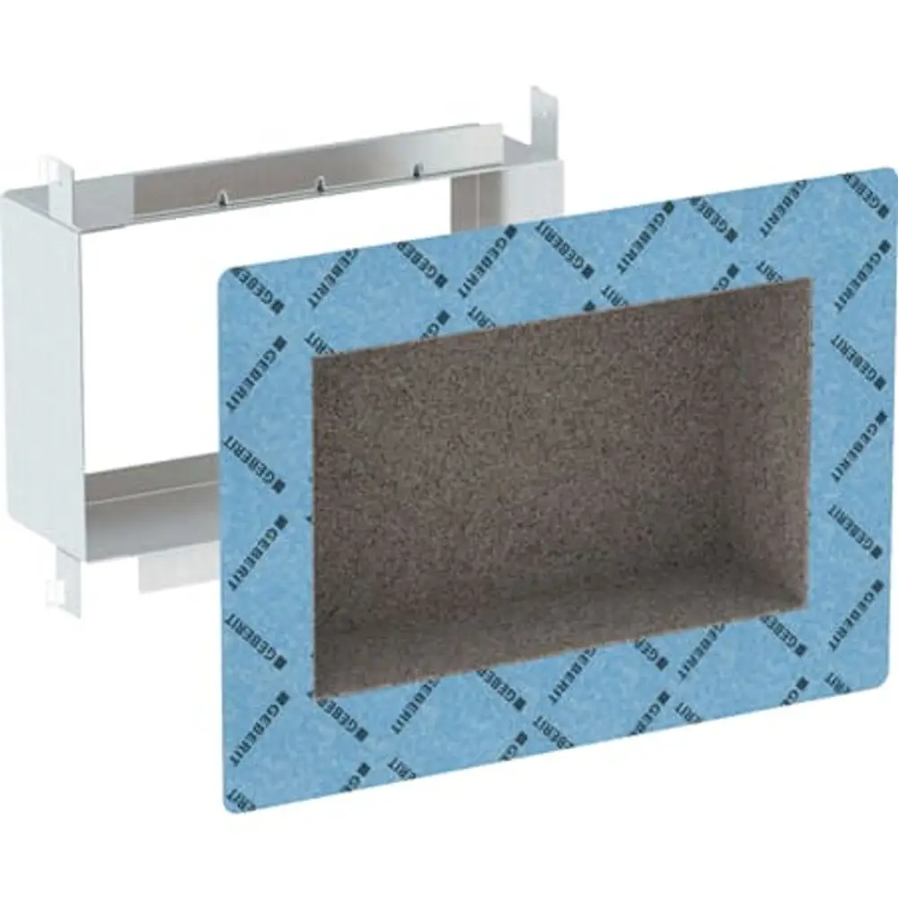 Beiges Produkt-Modul mit blauer Schutzfolie und grauer innerer Fläche, bestehend aus einem Rahmen und einer Nischenablage. Marke Geberit.