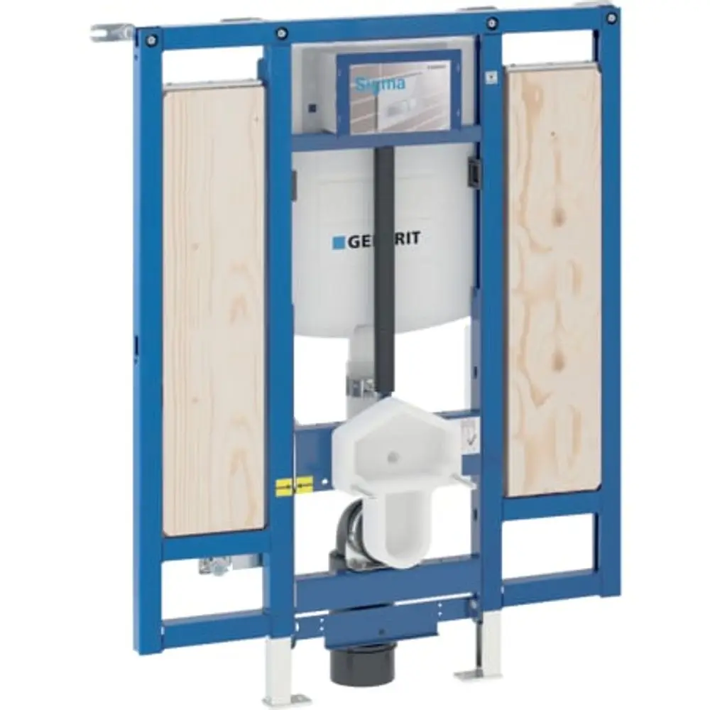 Geberit Duofix Element für Wand-WC in blauer Rahmenkonstruktion mit integriertem Spülkasten, bietet Platz für Haltegriffe und ist in der Höhe verstellbar.