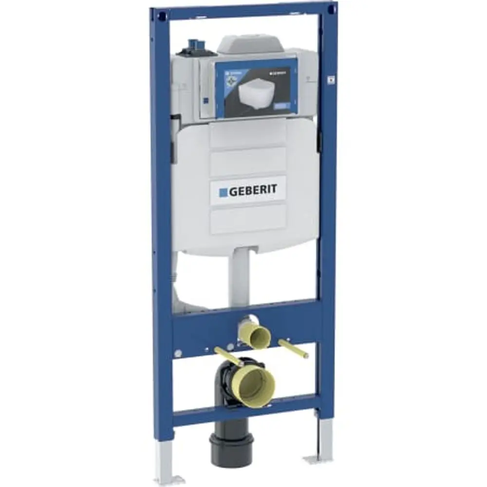 Geberit Duofix Element für ein Wand-WC, bestehend aus einem weißen Spülkasten, montiert auf einem blauen Gestell mit zwei Wasseranschlüssen.
