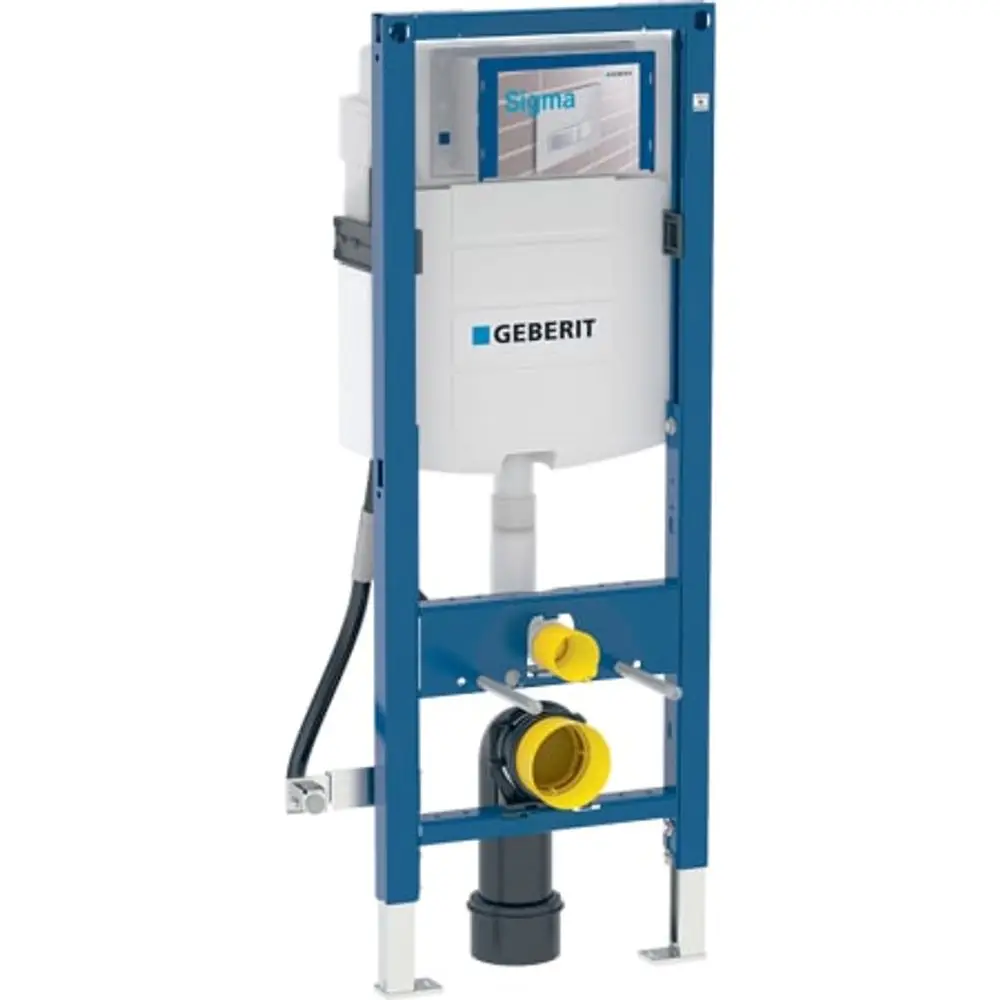 Geberit Duofix Element mit Sigma UP-Spülkasten, montiert an einem stabilen Metallrahmen, ausgestattet mit Anschlüssen für Wasser- und Abwasserleitungen.