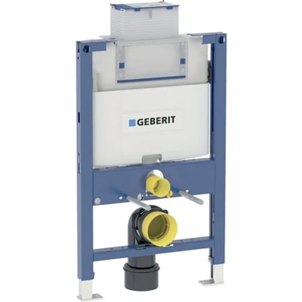 Geberit Wand-WC-Element in blauer Rahmenkonstruktion mit integriertem Spülkasten und Abflussrohr. Geeignet für die Montage an Wänden.