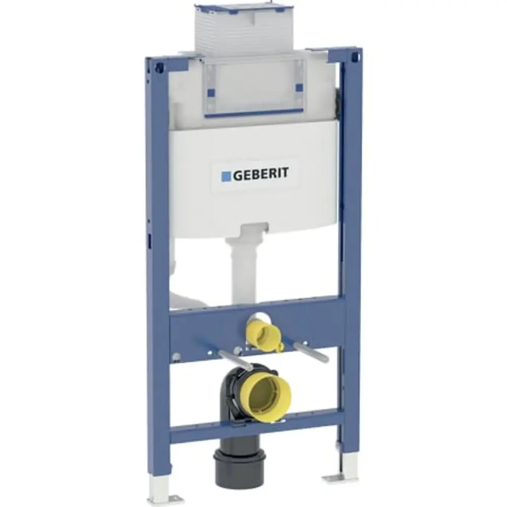 Geberit Duofix-Element zur Installation eines Wand-WCs. Sichtbare Anschlüsse für Wasser und Abfluss sowie der Spülkasten. Robuste Stahlkonstruktion mit blauer Rahmenfarbe.