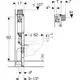 Geberit Wand-WC-Element mit Spülkasten, schematische Darstellung mit Maßen und Anschlussdetails, geeignet für die wandmontierte Installation.