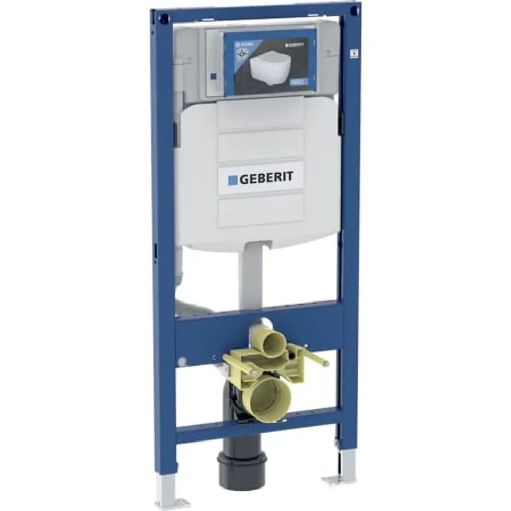 Wandmontiertes Geberit Element für Toilette mit einem integrierten Spülkasten und Anschlussbox, in blauer Rahmenkonstruktion mit Rohrleitung und Ablauf.