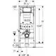 Technische Zeichnung eines Geberit Duofix Elements für Wand-WC mit Angaben zu Maßen und Anschlüssen. Detailansichten des Spülkastens und der Unterkonstruktion.