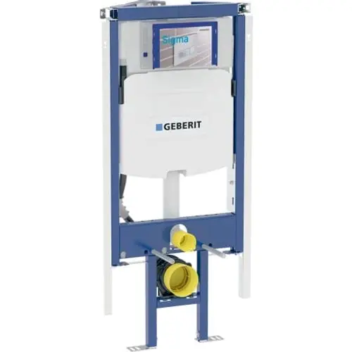 Vorwandelement der Marke Geberit mit Sigma-Betätigung, geeignet für die Installation in Badezimmern, einschließlich Wasseranschlüssen und Abflussrohren.