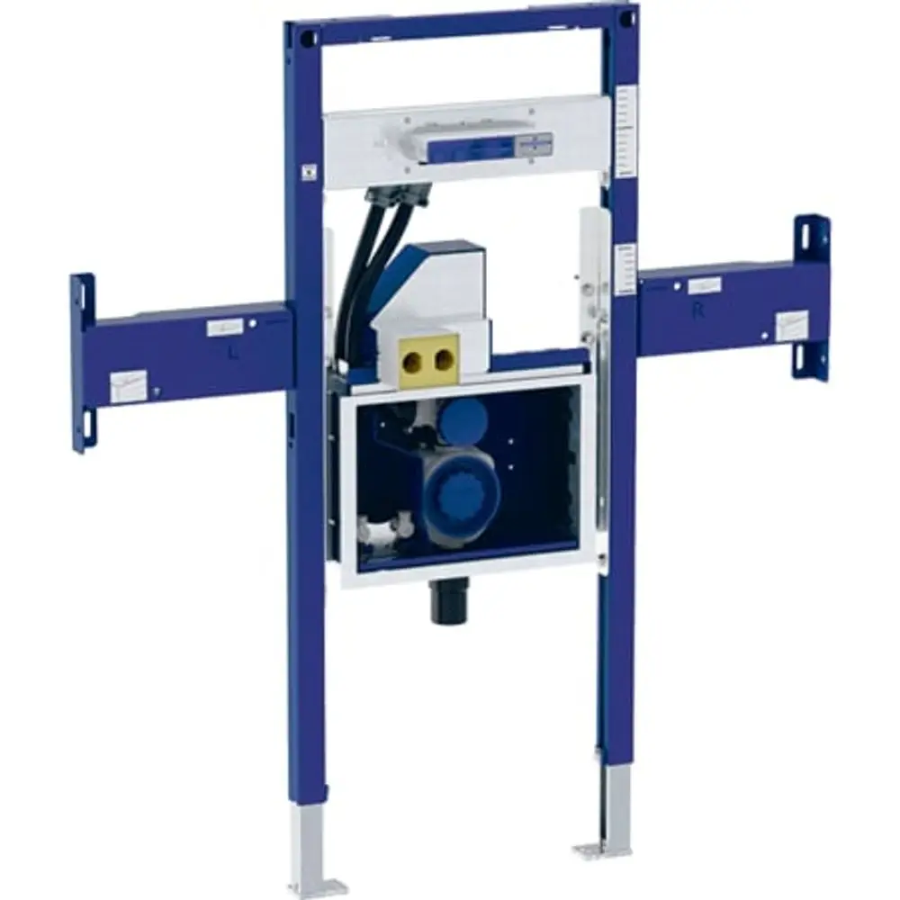 Montageelement für Geberit ONE mit Platz für Armatur und Geruchsverschluss. Es zeigt die Rahmenstruktur und Anschlussmöglichkeiten sowie einen integrierten Geruchsverschluss.