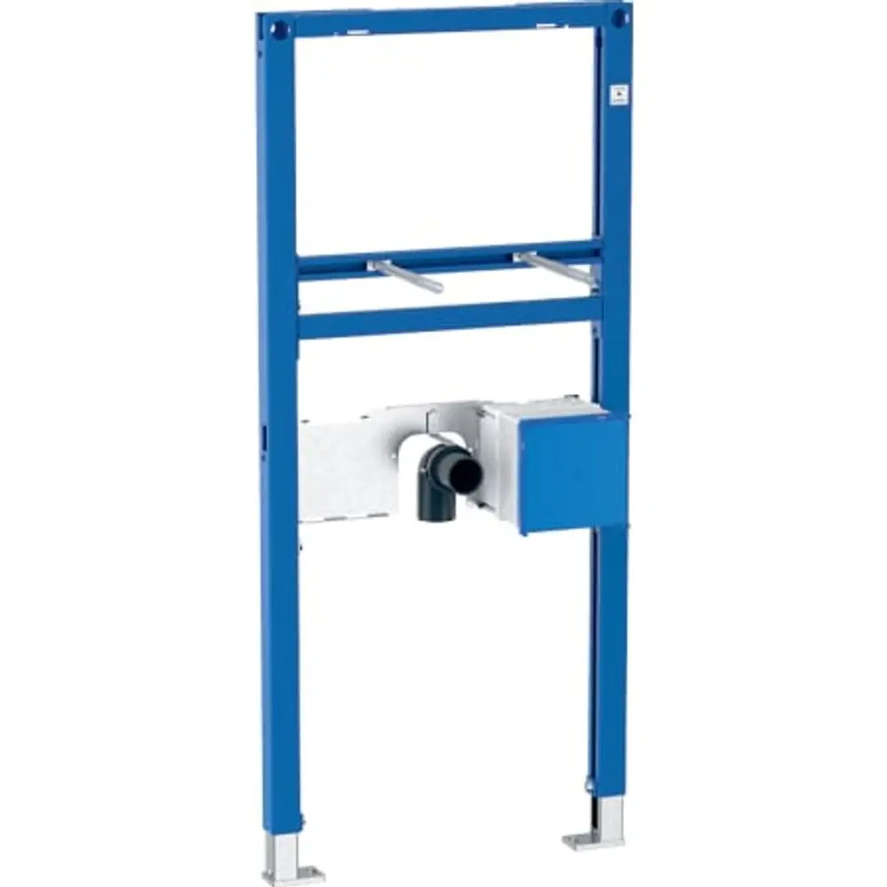 Geberit Duofix Element für die Montage eines Waschtischs, mit integrierter UP-Funktionsbox und Anschlüssen für Wasser und Abwasser. Rahmen in blauer Farbe.