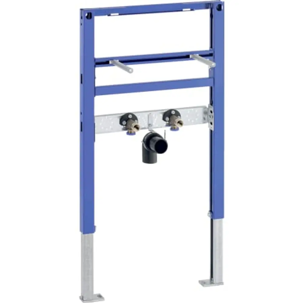 Geberit Duofix Element für Waschtisch, bestehend aus einer blauen Stahlkonstruktion mit zwei Anschlüssen und einem Abflussrohr, zur Installation von Standarmaturen.