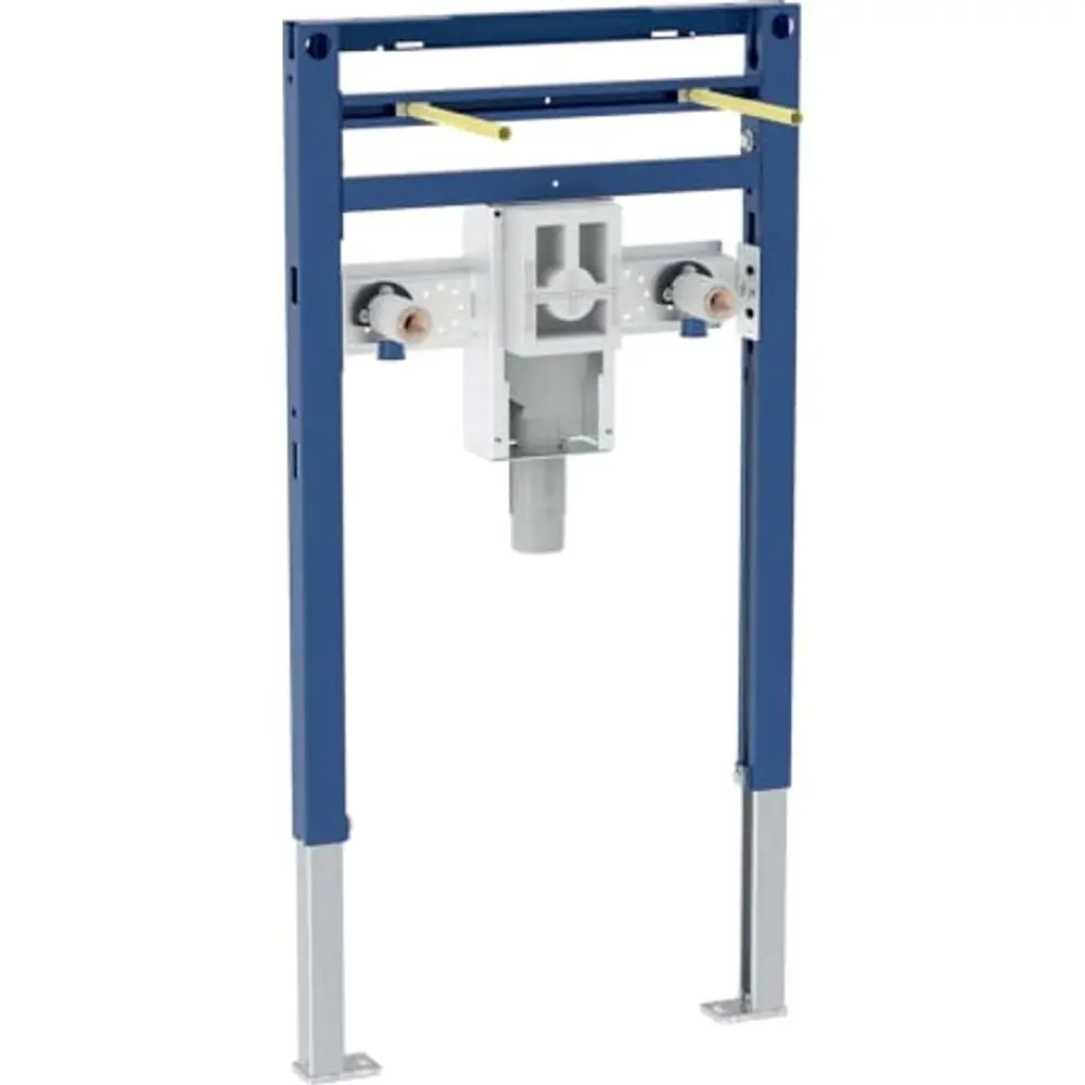 Geberit Duofix Element für Waschtisch mit UP-Geruchsverschluss. Sichtbare Rohre und Montagegestell in blauer und grauer Farbgestaltung.