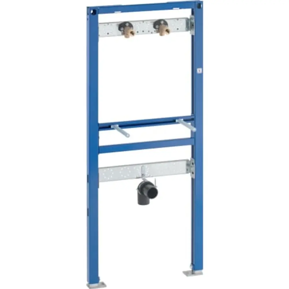 Geberit Element mit blauer Rahmenkonstruktion und zwei Wasseranschlüssen oben, sowie einem Abflussanschluss unten, geeignet für die Montage von Waschtischen.