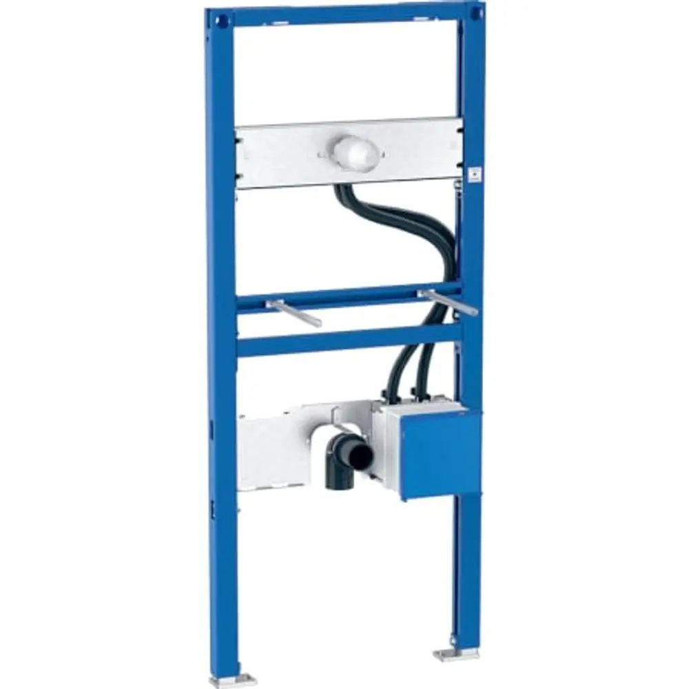 Geberit Duofix Element für Waschtisch, bestehend aus einem blauen Unterbau mit Anschlüssen für eine elektronische Wandarmatur und einer UP-Funktionsbox.