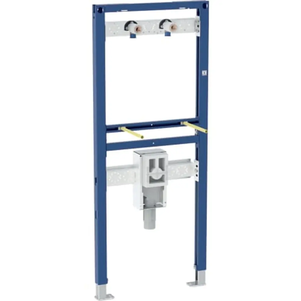 Geberit Duofix Element für die Wandmontage, mit integrierter UP-Geruchsverschlussfunktion und Platz für eine Waschtischarmatur, zeigt eine stabile Rahmenkonstruktion.