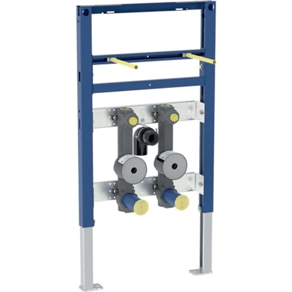 Geberit Element zur Montage für Waschtische, bestehend aus einem stabilen Rahmen mit zwei Wasserzählerstrecken und Anschlussmöglichkeiten für Wasserleitungen.