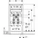 Geberit Unterputzelement für Waschtisch mit Anschlüssen, zwei Wasserzählerstrecken und Kugelhahn, dargestellt in schematischer Zeichnung. Maße und Details sind sichtbar.