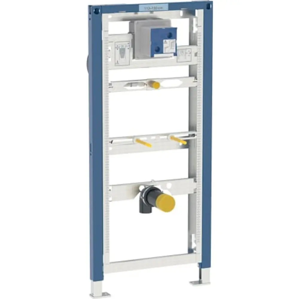Geberit Duofix Element für Urinal, bestehend aus einem stabilen Rahmen mit integrierter Steuerungseinheit und Anschluss für Wasser, in silber und blau.