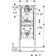 Geberit Duofix Element für Urinal, schematische Darstellung mit Abmessungen und Anschlussdetails, zur Montage in Wand, ausgestattet mit Anschlüssen für Wasser und Abfluss.