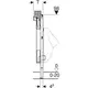 Geberit Duofix Element für Urinal. Seitenansicht des Elements mit Montageanleitung und Maßangaben. Darstellung der Betätigung von oben.